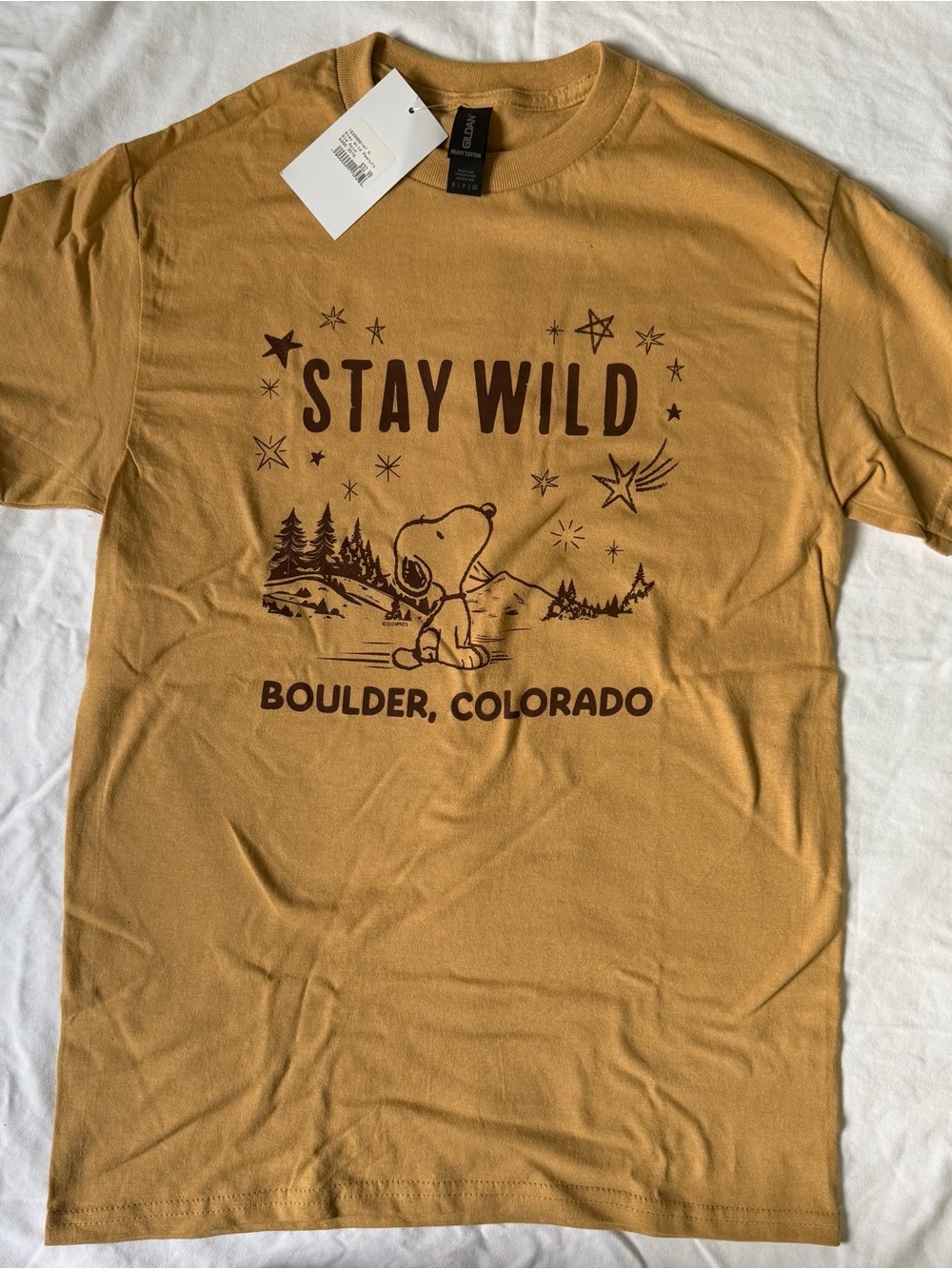 Gildan Stay Wild Snoopy Graphic Tee - Mustard Brown/tan Print unisex/men S